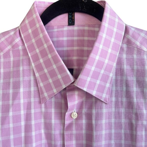Soho by Ben Sherman Pink White Plaid Flip Cuff Dress Shirt Size 16.5 32/33 - Picture 1 of 11